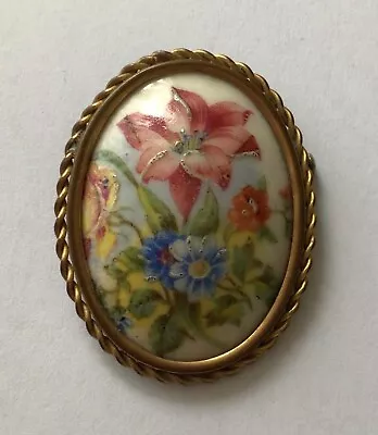 Vintage Limoges Porcelain Brooch Floral Hand Painted Flowers Bronze Oval Frame • £20