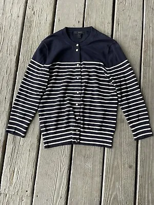 J.Crew Sweater Women Sz Small Navy Striped Fitted Cardigan Nautical Prep Classic • $14.45