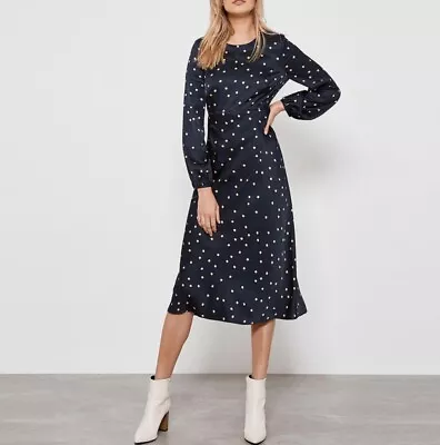 Mint Velvet Navy Spot Satin Midi Dress Brand New Size 16 • £28.99