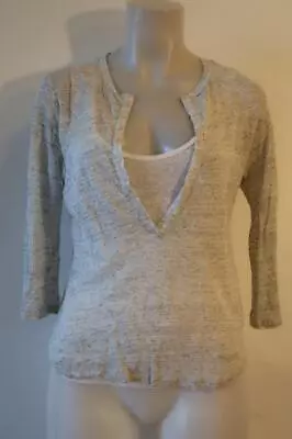 Womens Majestic Filatures Gray White Linen V-Neck Layered Top 3 US/L * • $21.99