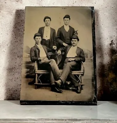 TinType Civil War Era 4 Men Smoking Cigars Derby Hats Striped Trousers 1800s • $48.20