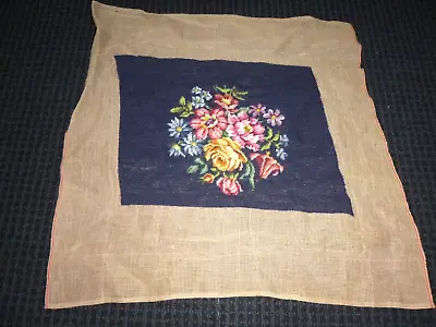 Vtg Completed Needlpoint Picture Floral Roses Blue Background 13x16 • $16