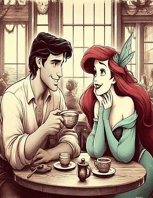 Mermaid Ariel Prince Eric Drinking Coffee In Cafe Vintage Decor Art Print • $7.99