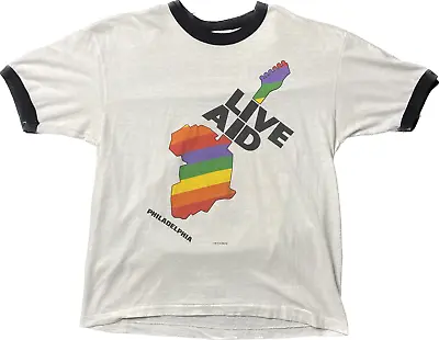 Vintage 1985 Live Aid Philadelphia Ringer T-Shirt - Size Large 80's Philly Event • $230