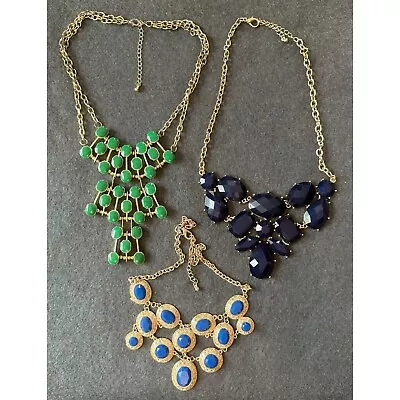 Fashion Statement Necklaces Blue Green And Goldtone Lot Of 3 • $7.96
