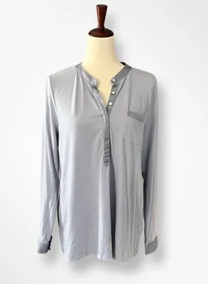 J. Jill Women's Silk Trimmed Henley Top Size L Blue Long Sleeve Minimalist • $14.88