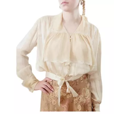 Edwardian Beige Silk Blouse Check Pattern Long Sleeve Waist Sash • £97.31