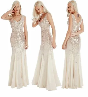 £41.99 • Buy Goddiva Champagne Sequin Chiffon Insert Maxi Evening Party Dress Bridesmaid Prom