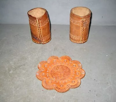 2 Vintage Hand-Tooled Leather Smaller Size Dice Cups + 1 Drink Cup Coaster • $34