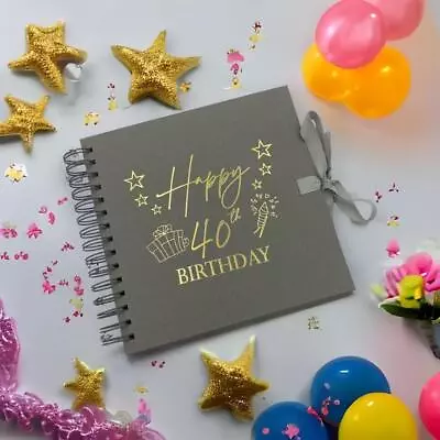 40th Birthday Grey Scrapbook Guest Book Photo Album Gold Script • £15.99