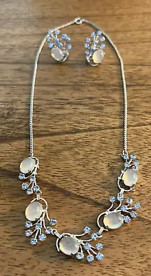 Van Dell Sterling Moonstones Necklace Earrings Set Screw Back Blue Crystals VTG • $79.60