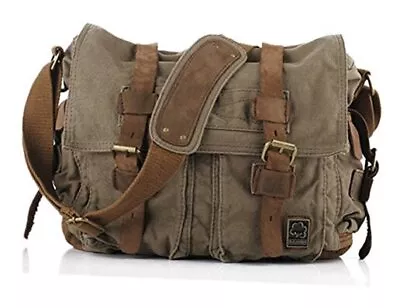  Vintage Military Leather Canvas Laptop Bag Messenger Small--13‘’ Army Green • $60.19