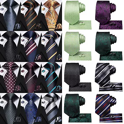 Men's Silk Necktie Solid Tie Pocket Square Cufflink Set Formal Business Wedding • $25.98