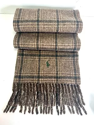 Polo Ralph Lauren EUC Wool Tartan Scarf W/Fringe Green & Brown L64” X W 9” Italy • $17.95