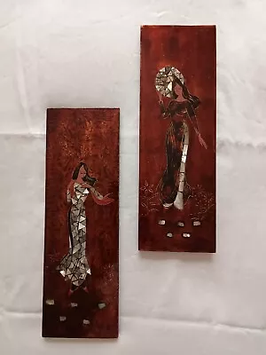 Japanese Wall Art Lacquered Wood Inlaid Abalone Women Set Of 2 • $29.50