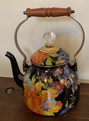 MacKenzie Childs Flower Market Enameled Water Kettle Tea Pot-Black Floral 2qt • $100