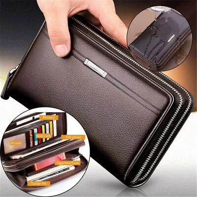 Business Mens Genuine Leather Wallet Zip Clutch Purse Card Holder Handbag Big • $14.59