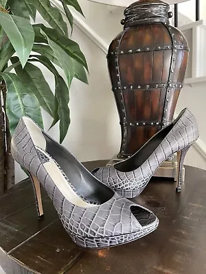 CHRISTIAN DIOR Miss Dior Gray Croc Embossed Leather Peep Toe Pumps 42 • $380