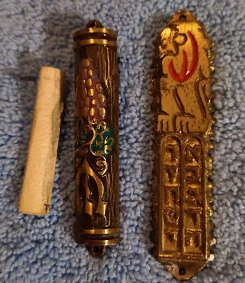 2 Vintage Brass Mezuzah Case With Lion Of Judah & One With Scroll 3  Ea. Hebrew  • $29