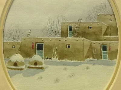 KIMURA 1988 Watercolor/Gouache New Mexico Pueblo In Split Oval Matte & Framed • $109.89