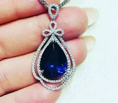 3Ct Pear Cut Lab-Created Blue Sapphire Women Halo Pendant 14K White Gold Plated • $81.24