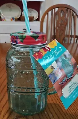 Pioneer Woman Mason Jar Drinking Glass With Lid & Straw Teal Glass 32 Oz • $7.36