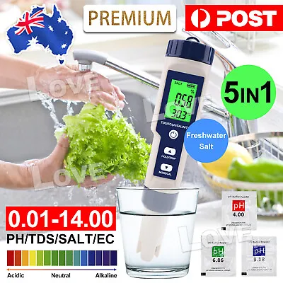 5 In1 PH Meter Digital TDS/EC/Salinity/Temperature Tester Pen Water Hydroponics • $24.95