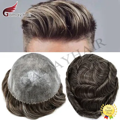 Mens Toupee Human Hair Replacement System Injection Poly Skin Hairpiece Wigs US • $99.99