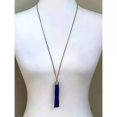 J. Crew Gold Tone Blue Seed Bead Crystal Tassel Long Statement Necklace EUC  • $24