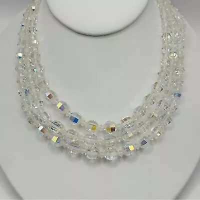 Coro Vintage Triple Strand Aurora Borealis Crystal Beaded Choker Necklace • $29.99