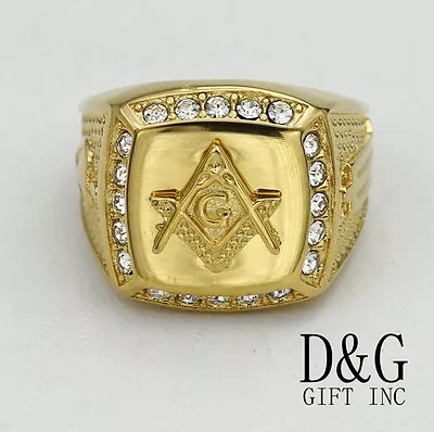 DG Men's Stainless SteelMasonic CZ Icy Bling Ring Size 8-13Gold Plated BOX • $15.99