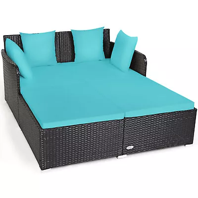 Patiojoy Outdoor Patio Rattan Daybed Pillows Cushioned Sofa Furniture Turquoise • $229.99