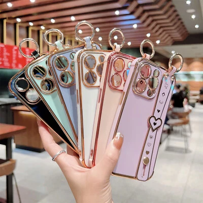$12.24 • Buy For IPhone 14 13 12 11 Pro Max X XR 87 Plating Love Heart Wrist Strap Stand Case