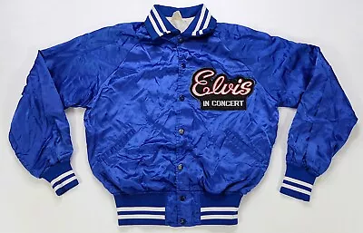 Rare VTG Elvis Presley In Concert TCB Button Front Satin Varsity Jacket 80s Blue • $89.99
