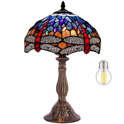 Tiffany Lamp Blue Red Stained Glass Dragonfly Style Bedside Table Lamp Desk R... • $162.95