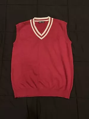 Mens Striped Trim V Neck Sweater Vest Burgundy Red White Accents Size Medium M • $24.99