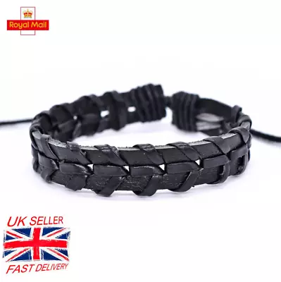 Natural Leather Bracelet Black Braided Men Women Hemp Adjustable Slip Knot • £3.69