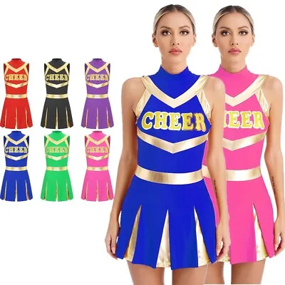 UK Womens Halloween Costumes Club Cheer Squad Uniform Pleated Letter Print Shiny • £8.39