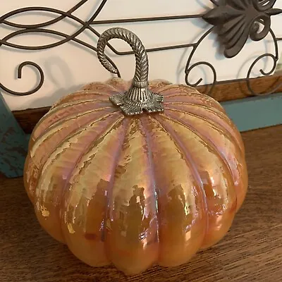 Iridescent Orange Glass Pumpkin Ornate Metal Stem Fall Holiday Decor 9  • $49.99