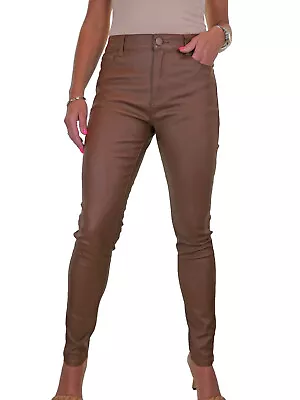 Womens High Waist Leather Look Jeans Stretch Material Wet Look 10-22 • £25.99