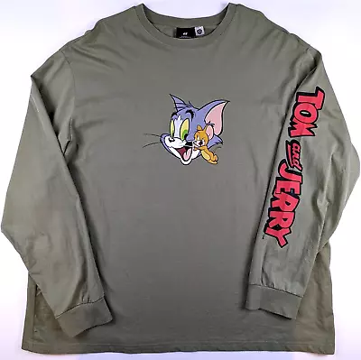 H&M Warner Bros Tom & Jerry Full Arm Spell Out Graphic Tee Shirt Olive Green XXL • $19.99