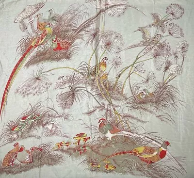 Vintage 100% SILK Pheasant Woodland Mushrooms Hand Painted Rolled Hem Scarf 31” • $48