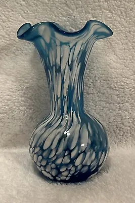 Vase Milk And Blue Swirl Ruffled Vintage • $30