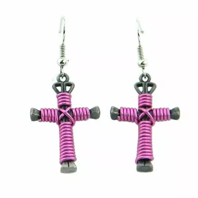 Nail Wire Cross Earrings Hook Spiritual Western Cowgirl Jewelry Pink 1.5  Drop • $9.99