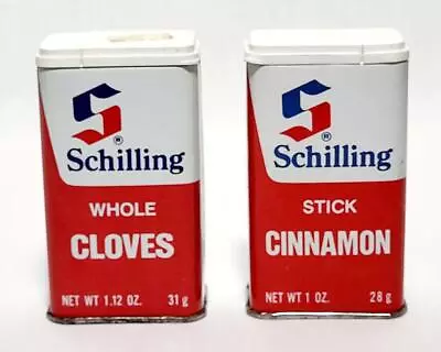 1977 SCHILLING CLOVES CINNAMON STICK Seasoning Spice Tin EMPTY Red Can LOT 2 • $12