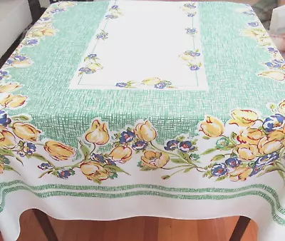 Vintage Cotton Print Tablecloth 53.5  X 64  Tulips & Crocuses • $25