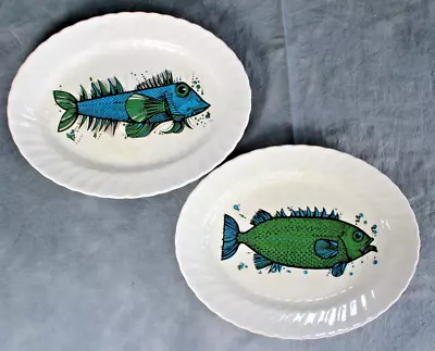 Pair Of Vintage Aquarius Fish Series Oval Plates Platters By Washington Pottery • £14.99