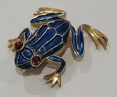 Vintage Crown Trifari Blue Enamel  Frog Brooch Pin Red Jeweled Eyes Gold Tone • $51