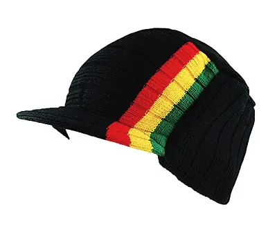 Mens Military Cable Knit Beanie Hat Cap With Visor In Black And Rasta Stripes • $10.99