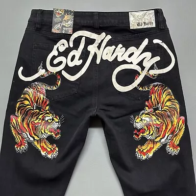 Ed Hardy Jeans Denim Crawling Tiger Print Men’s Sz 32 X 32 Tapered Stretch Black • $79.89